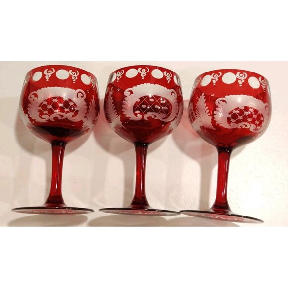 Vtg EGERMANN Ruby Wine Glass Stag Red Staining Bohemian Baroque 2.5x4.5" - Picture 3 of 16